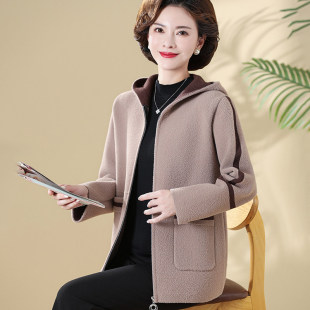 年轻妈妈女士秋冬连帽毛呢外套胖mm中老年加大码 双面羊绒上衣开衫