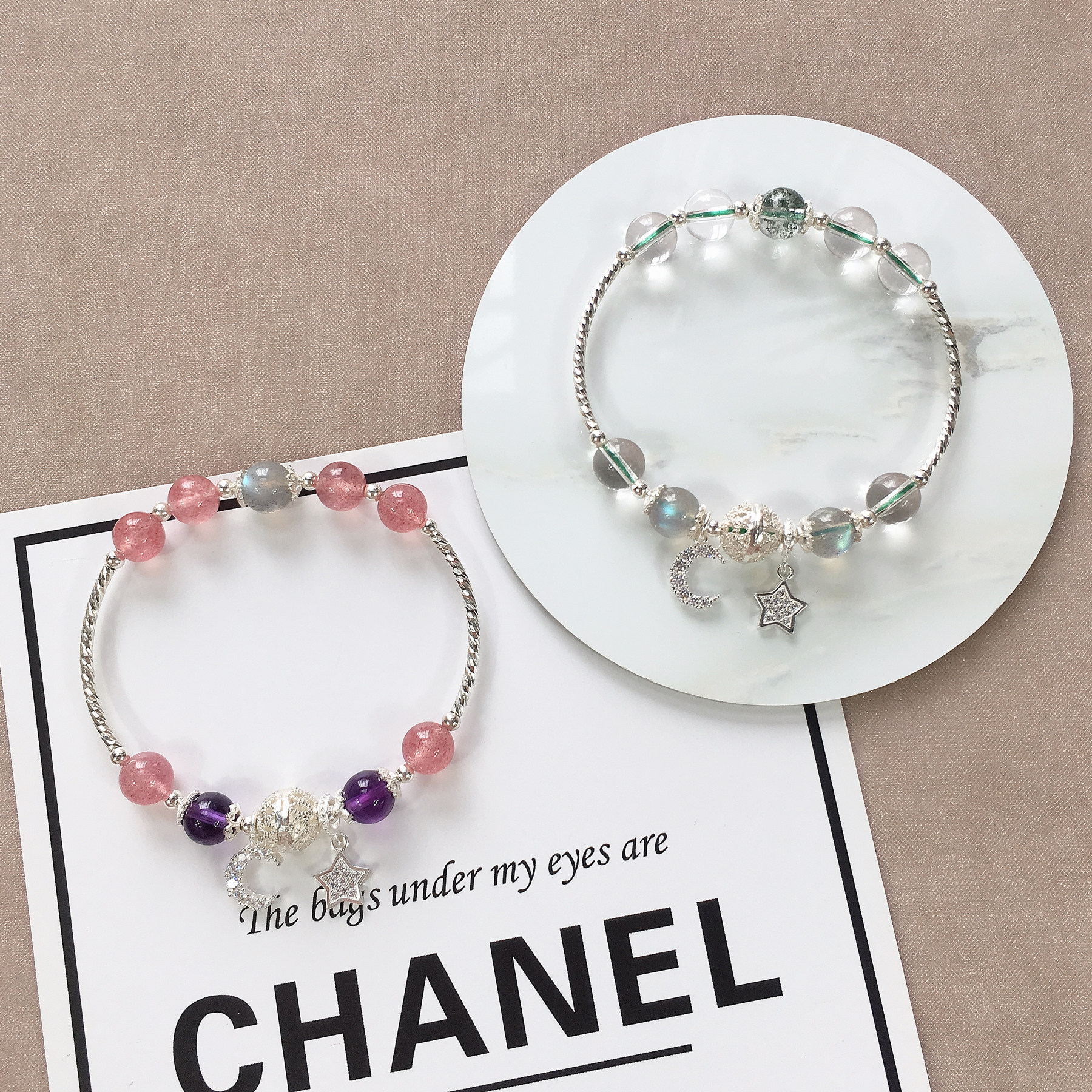 星月水晶手链女天然草莓晶月光石绿幽灵森系轻奢小众设计闺蜜礼物