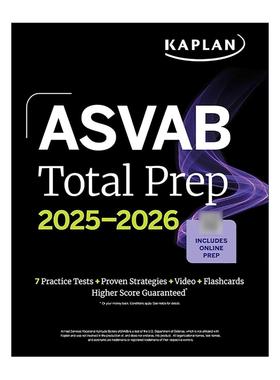 英文原版 ASVAB Total Prep 2025-2026 卡普兰兵种倾向选择测验 含7套试题+超2000道问答题和闪卡+在线资源 进口英语原版书籍