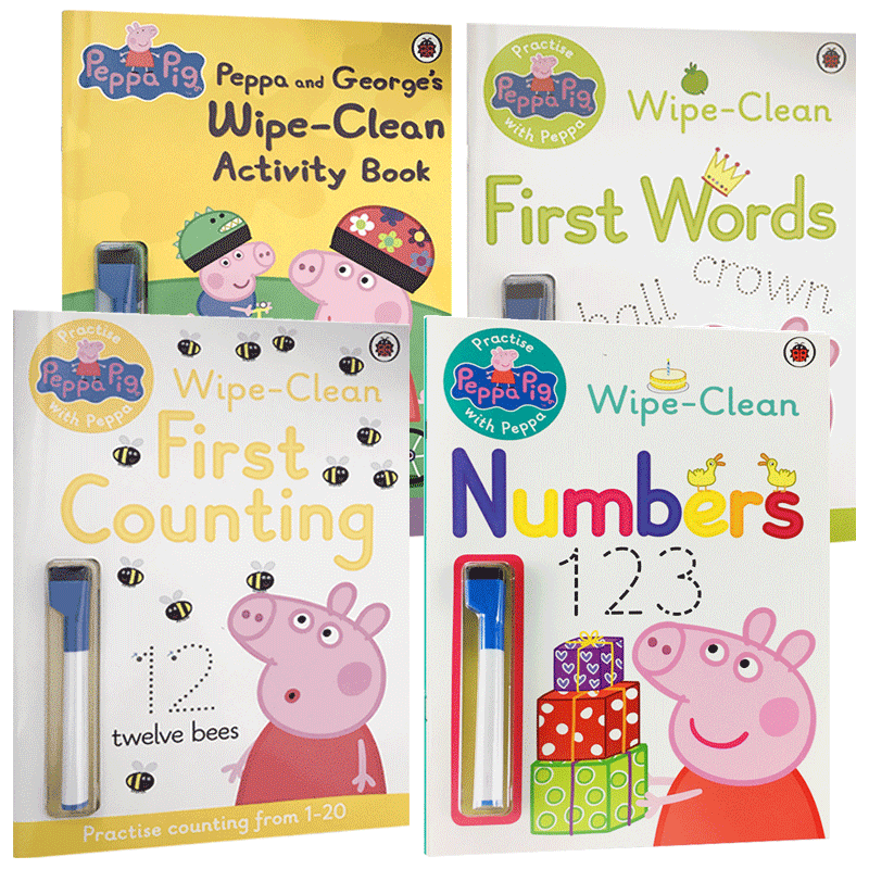 正版 wipe clean 可擦写英文练习册4本 英文原版 Practise with Peppa Pig 小猪佩奇英语单词数字数学游戏 进口擦擦书