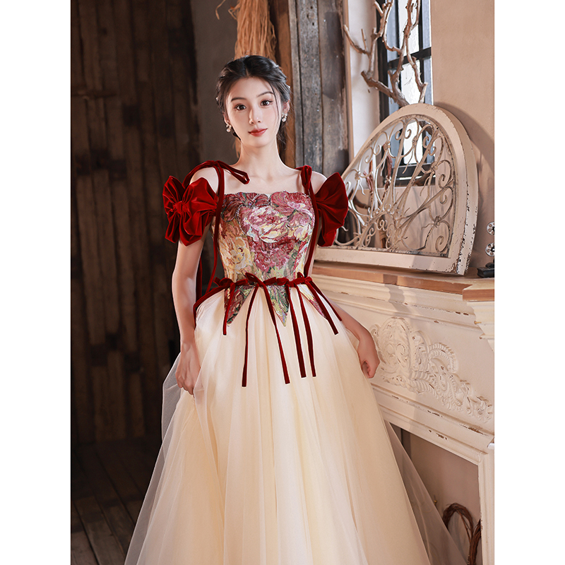 晚礼服女高端婚纱新娘设计感宴会订婚礼服长款露肩蝴蝶结高级裙子