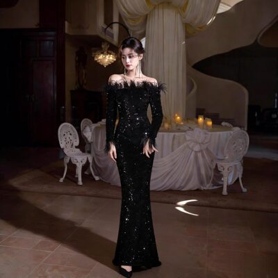 黑色亮片鱼尾晚礼服宴会修身