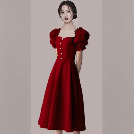 妈妈敬酒服新娘中长款女小个子泡泡袖礼服蓬蓬裙小礼服连衣裙夏季