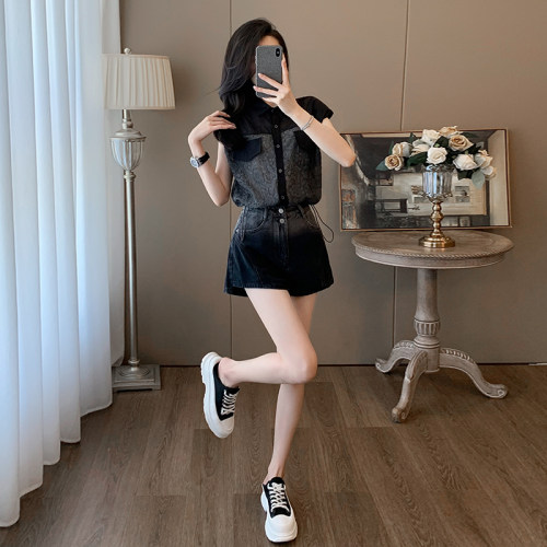 休闲套装女夏高级感穿搭一整套设计感无袖衬衫渐变牛仔短裤两件套