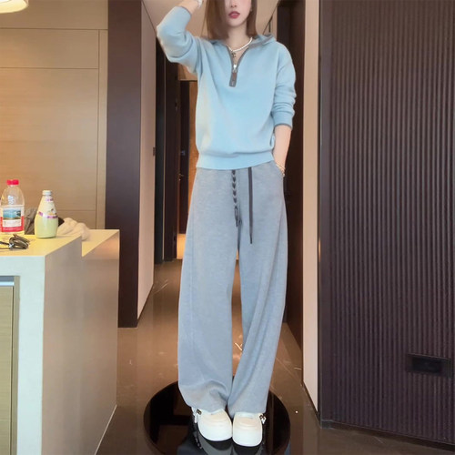 高级感慵懒风休闲套装女春秋半拉链连帽卫衣垂感阔腿裤运动两件套