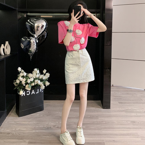 夏日漂亮小套装女夏水钻花朵短袖白色牛仔短裙独特绝美一整套穿搭