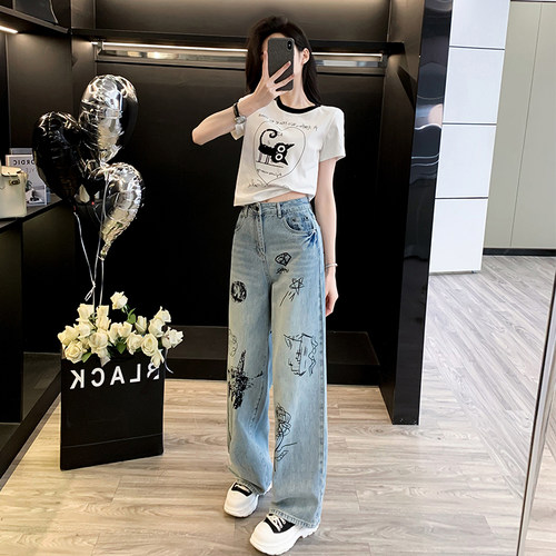 休闲套装女夏猫咪短袖T恤涂鸦阔腿牛仔裤两件套减龄一整套穿搭