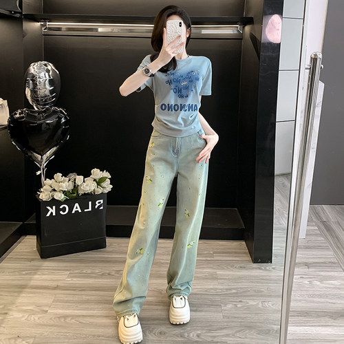 休闲运动套装女夏季显瘦短袖阔腿牛仔裤两件套巨好看的夏装一整套