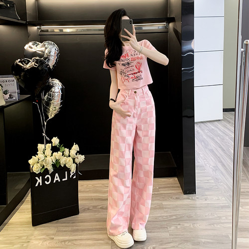 超好看休闲套装女夏时尚减龄穿搭一整套粉色短袖格子牛仔裤两件套
