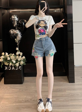 卡通涂鸦短袖休闲套装女夏设计感牛仔短裤时尚洋气减龄穿搭一整套