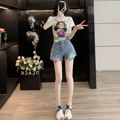 卡通涂鸦短袖休闲套装女夏设计感牛仔短裤时尚洋气减龄穿搭一整套