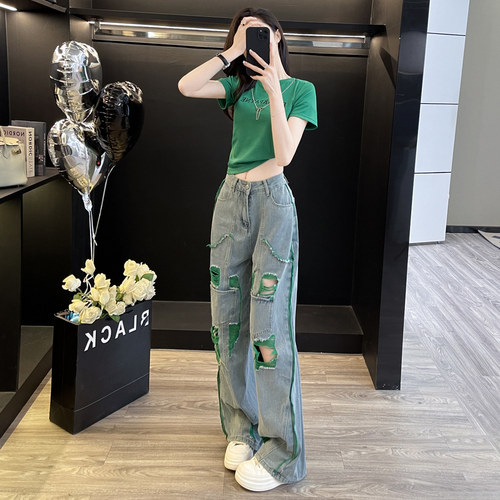 休闲运动套装女夏季短袖破洞牛仔裤两件套装韩系时尚穿搭一整套