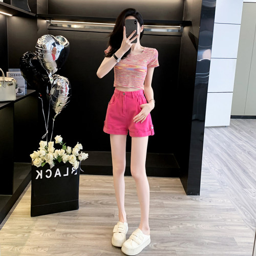 休闲套装女夏小个子短袖针织衫牛仔短裤两件套韩系减龄一整套穿搭