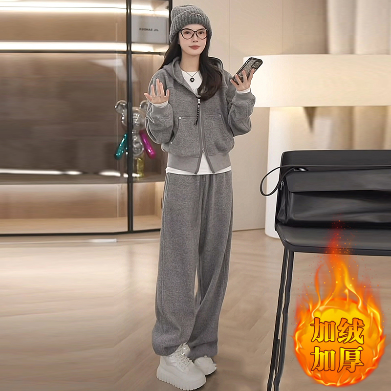 高级感灰色连帽卫衣套装女秋冬加绒时尚减龄穿搭一整套休闲两件套
