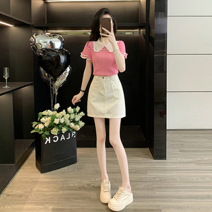 夏日绝美俏皮小套装女夏设计感短袖针织衫牛仔短裙巨好看的两件套