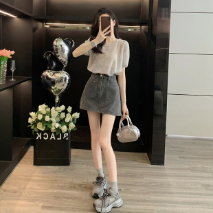 韩系时尚休闲套装女夏薄款钉珠针织短袖牛仔半身裙减龄穿搭一整套
