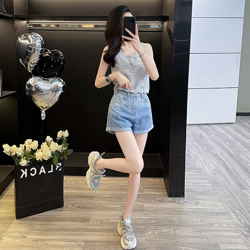时尚减龄穿搭一整套休闲套装女夏季小个子针织背心牛仔短裤两件套