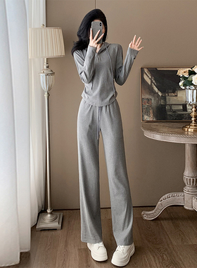 高级感灰色休闲运动套装女春秋季减龄穿搭一整套连帽阔腿裤两件套