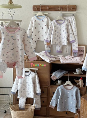 550g羊毛蚕丝儿童家居服加厚过冬双层满花保暖套装5255