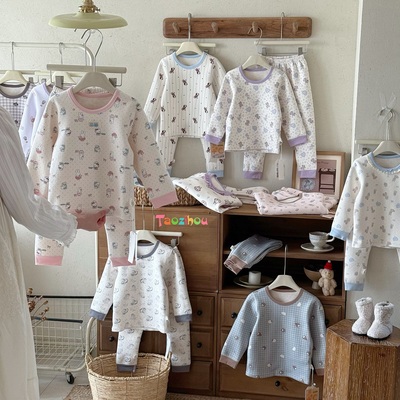 550g羊毛蚕丝儿童家居服加厚过冬双层满花保暖套装5255