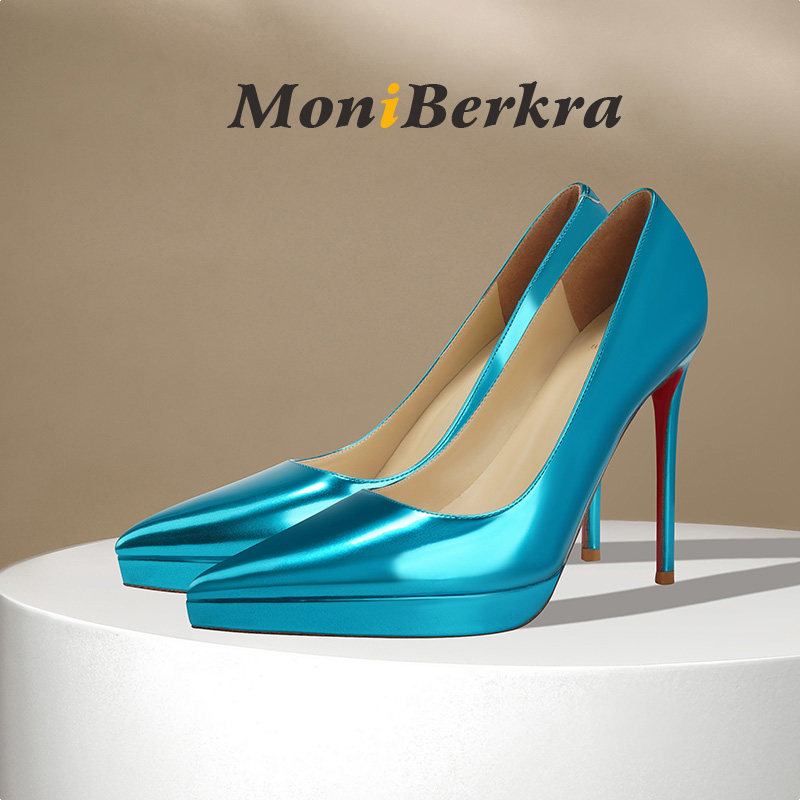 2026春秋季新款浅蓝色防水台高跟鞋女细跟性感漆皮不累脚尖头单鞋