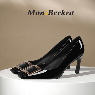 2026春夏新款RV方扣高跟鞋女细跟性感漆皮方头黑色百搭职业工作鞋