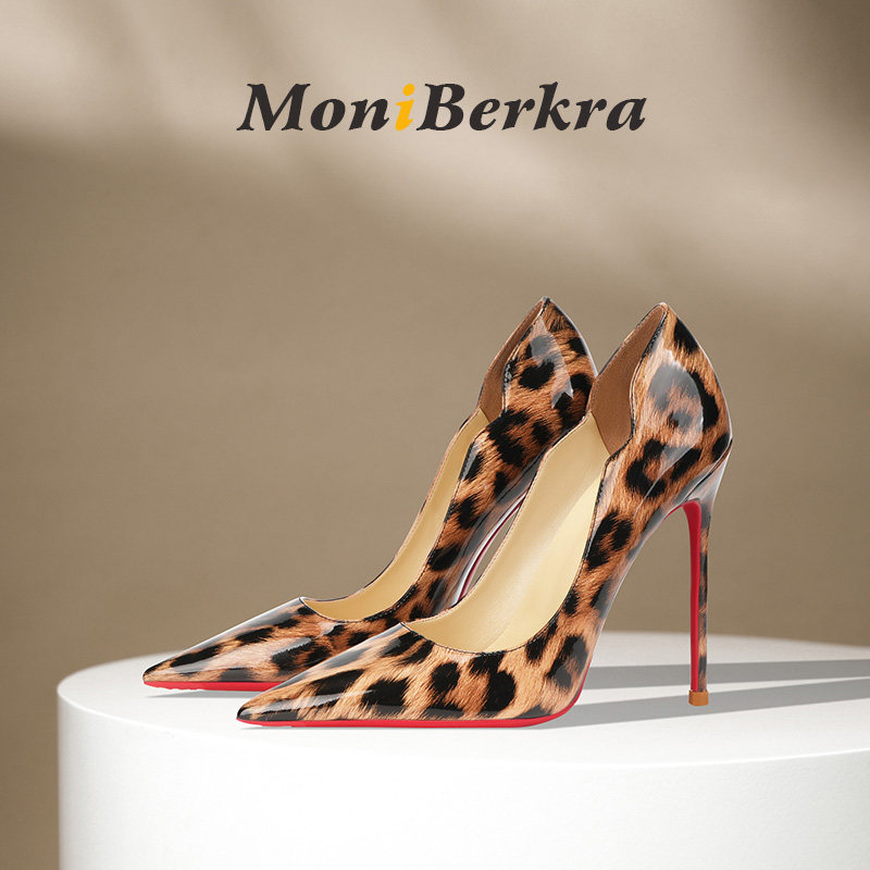 2025年春夏新款时尚豹纹高跟鞋女细跟漆皮性感尖头百搭御姐红底鞋