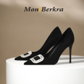 绒面尖头单鞋 高级轻奢黑色水钻方扣高跟鞋 法式 新款 女细跟2025时尚