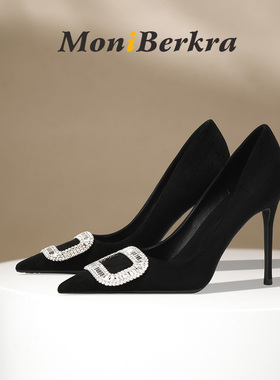 高级轻奢黑色水钻方扣高跟鞋女细跟2025时尚新款法式绒面尖头单鞋