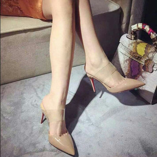 2025夏季款包头拖鞋女外穿透明高跟鞋细跟尖头裸色时尚百搭半凉拖
