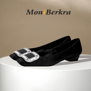 RV平底鞋女2026秋冬新款方头绒面黑时尚百搭优雅气质水钻方扣单鞋