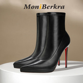 2025年秋冬新款 防水台高跟短靴女细跟12cm性感尖头羊皮红底瘦瘦靴