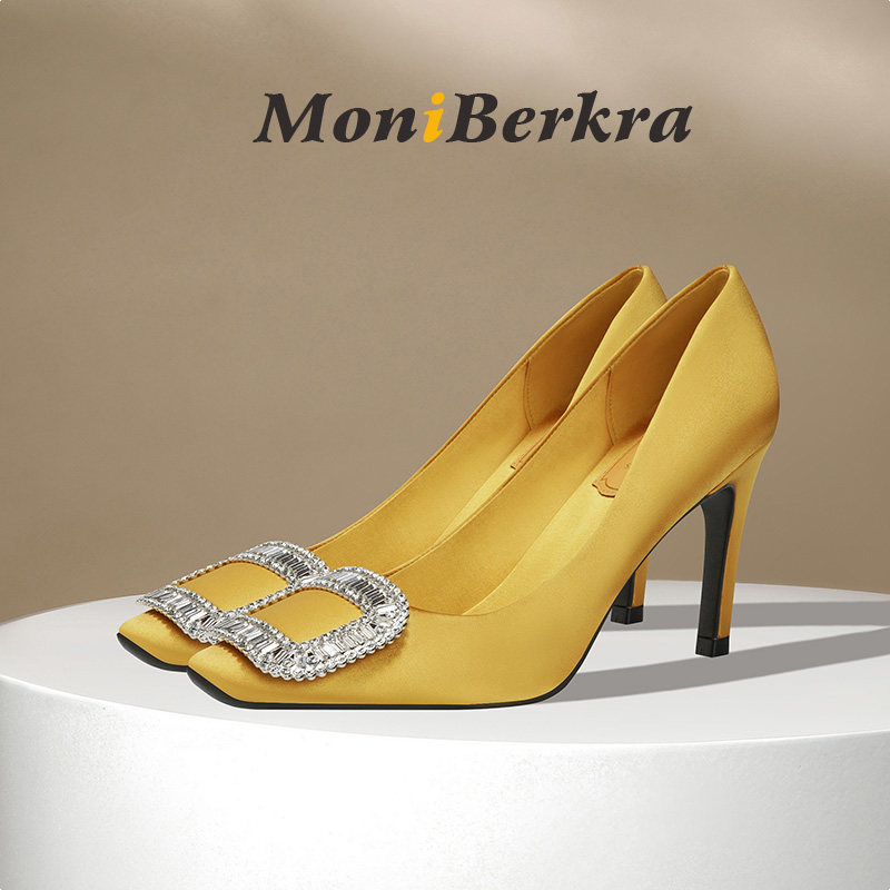 2026年春夏新款RV水钻方扣高跟鞋女细跟真丝绸缎浅口时尚黄色单鞋,女鞋,浅口单鞋,淘宝优惠券,粉丝福利购,淘宝优惠卷
