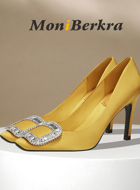 2026年春夏新款RV水钻方扣高跟鞋女细跟真丝绸缎浅口时尚黄色单鞋