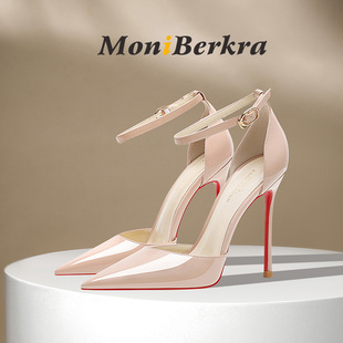 2025年春夏新款裸色一字扣高跟鞋女细跟性感尖头红底中空包头凉鞋