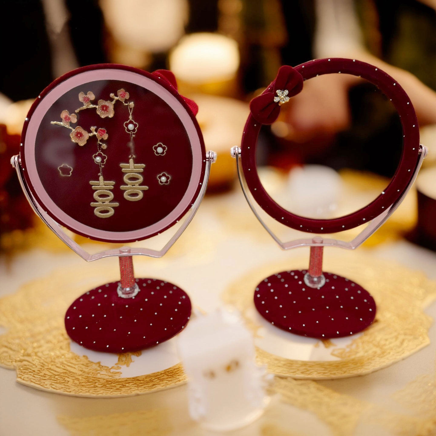 新款结婚高档镜子梅花喜字创意手工刺绣酒红女方陪嫁用品礼物包邮