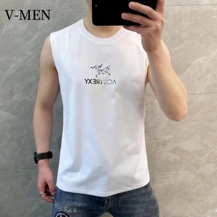 VMEN威曼纯色无袖t恤男士潮牌休闲字母棉背心2023夏季修身坎肩男