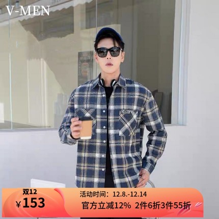 VMEN秋季新款复古格子男士宽松工装衬衫日系文艺港风长袖外套男女