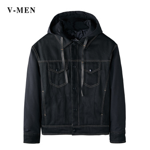 VMEN威曼男士牛仔拼接连帽羽绒服韩版潮流帅气保暖外套V2088M2156
