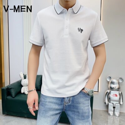 白色休闲短袖翻领VMEN刺绣夏季