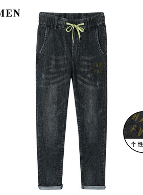 VMEN威曼秋季新款抽绳黑色水洗牛仔裤男修身休闲牛仔长裤V021N892