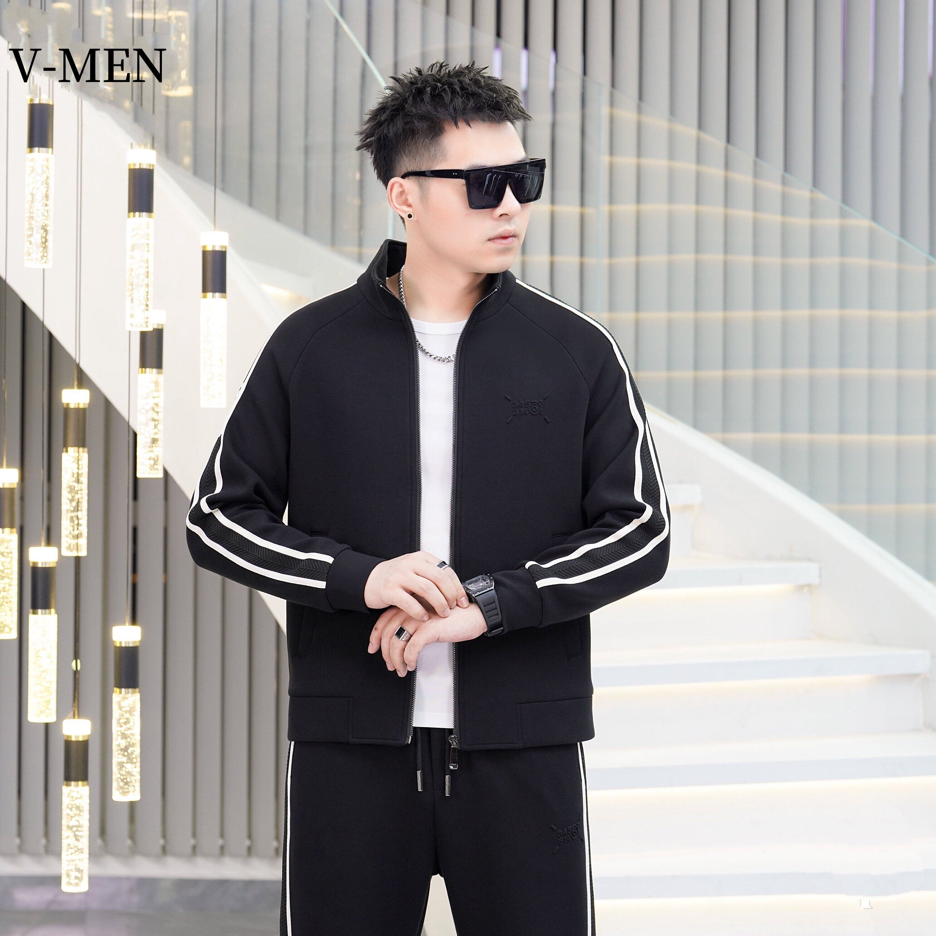 VMEN威曼秋冬时尚高端织带拼接立领夹克男士修身大气短款外套男潮