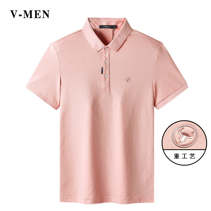 VMEN 威曼2021短袖粉色polo衫商务翻领修身男士休闲上衣V021P026