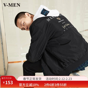 VMEN威曼潮男飞行夹克短款修身休闲时尚绣花黑色外套911603011