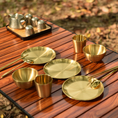 LTHW旅腾户外不锈钢餐具镀钛健康便携套装 金色高端野餐碗盘杯筷勺