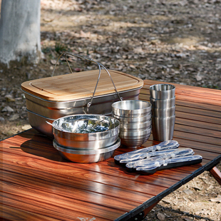 露营野餐汤碗深盘杯筷勺不锈钢带切菜板 LTHW旅腾户外餐具便携套装