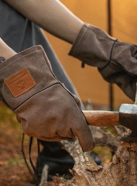 CAMPINGMOON柯曼户外焚火手套Q28 隔热牛皮防烫双层露营手套加厚