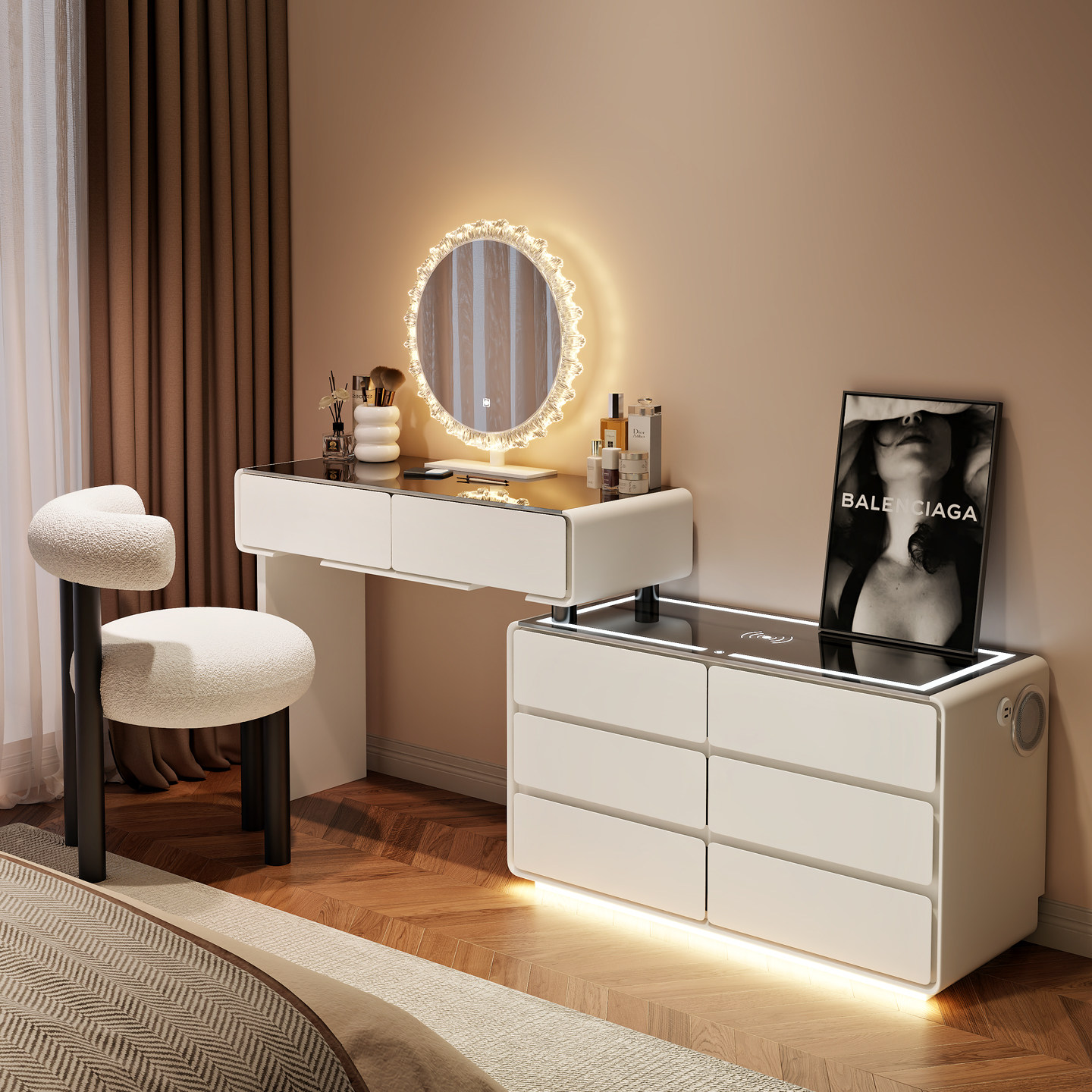 2026轻奢智能实木奶油风梳妆台卧室现代简约斗柜收纳柜一体化妆桌