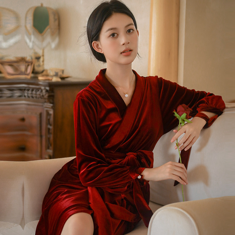 结婚晨袍女新娘伴娘金丝绒长款