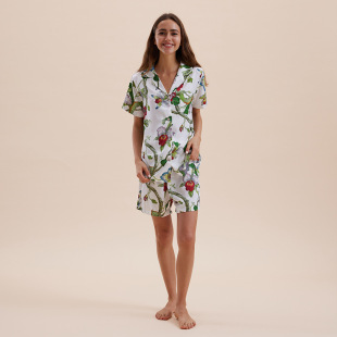 宽松透气可外穿家居服 短裤 清新花鸟印花冰丝睡衣女夏季 短袖